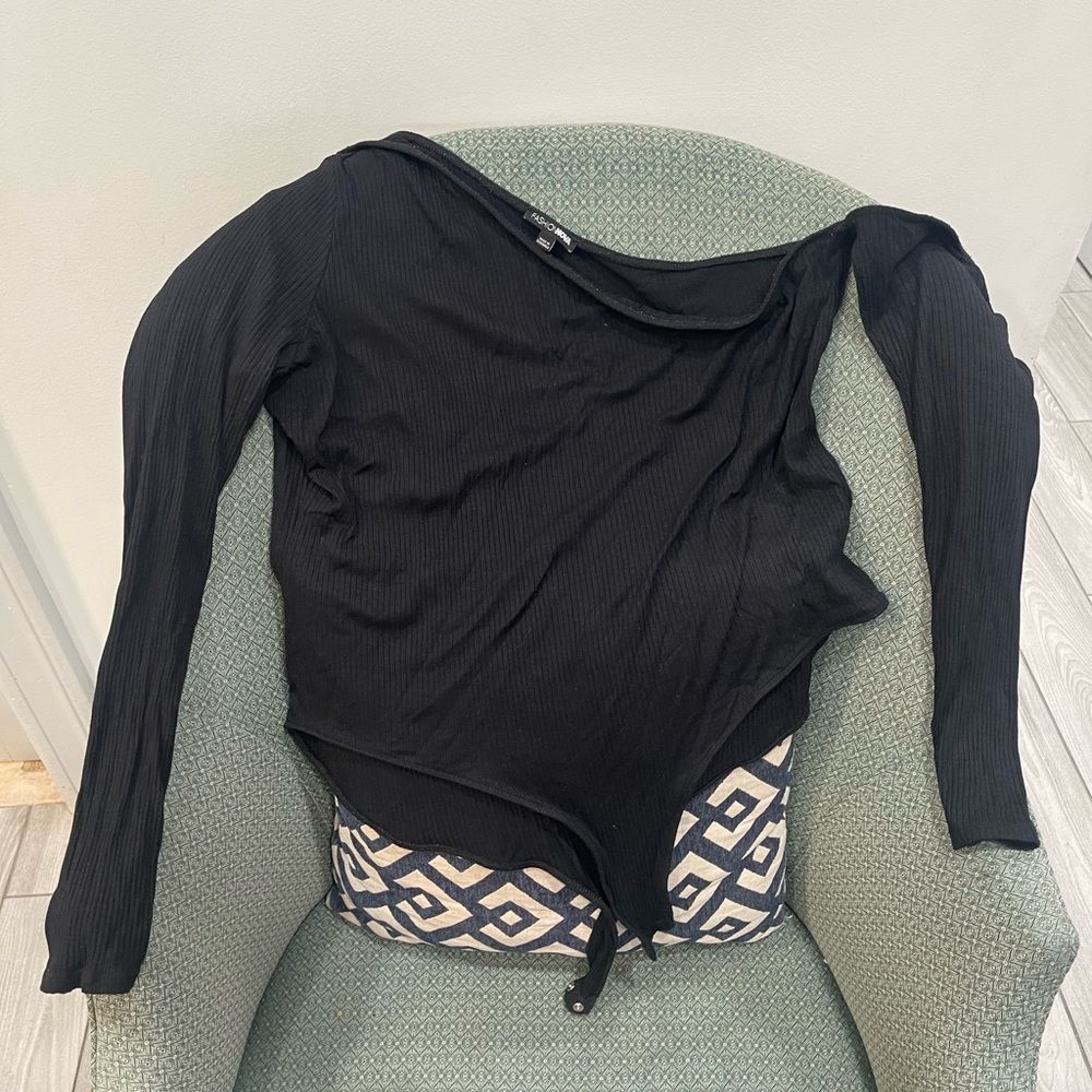 Fashion Nova Black Ribbed Off-Shoulder Long Sleeve Bodysuit
